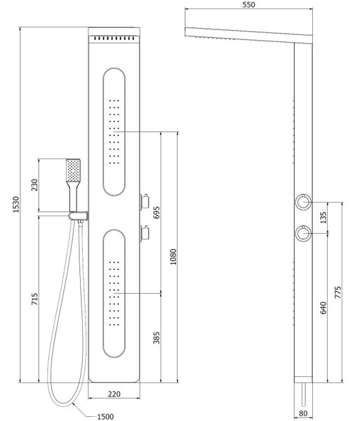 Mexen Mano, panou de dus, negru, 7609-02-70