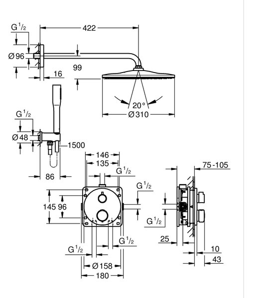 Grohe Precision baterie cadă-duș ascuns cu termostat negru 348802430