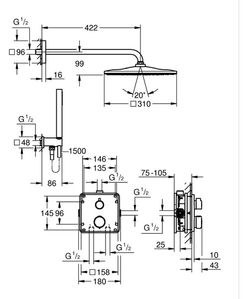 Grohe Precision set cadă și duș ascuns cu termostat cu duș de ploaie negru 348812430