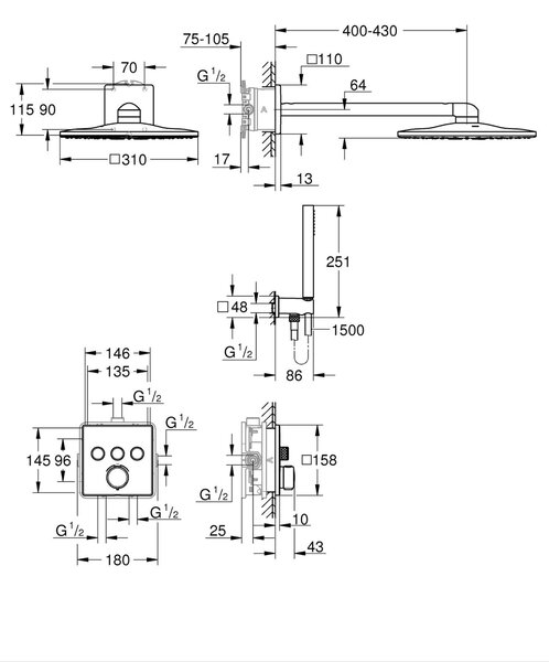 Grohe SmartControl set cadă și duș ascuns cu termostat cu duș de ploaie negru 348752430