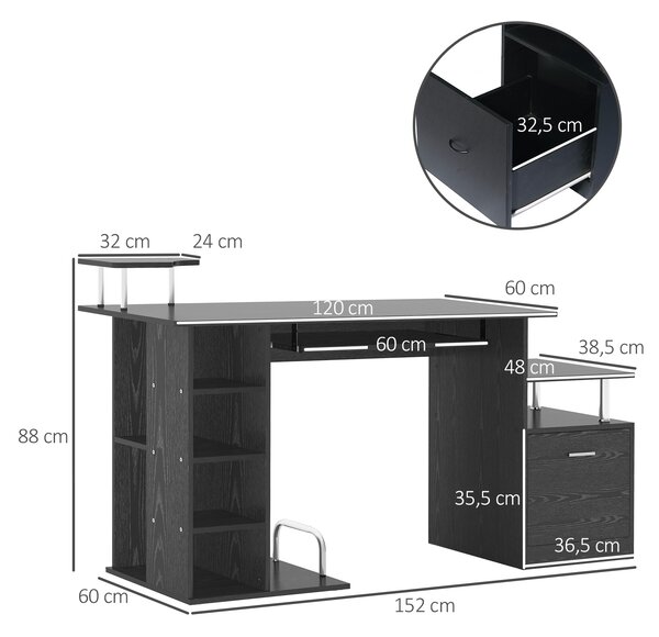 HOMCOM Birou Modern pentru Computer cu Sertare, Rafturi și Suport Detașabil pentru Tastatură, 152x60x88 cm, Negru | Aosom Romania