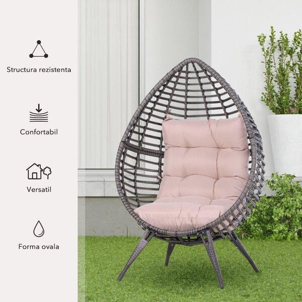 Fotoliu Pouf Outsunny cu Perna Decorativa, din PE Ratan, 101x89x156 Culoare Gri | Aosom Romania