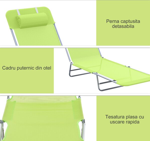 Outsunny Sezlong pentru Gradina Pliabil cu Spatar Reclinabil Verde deschis | Aosom Romania