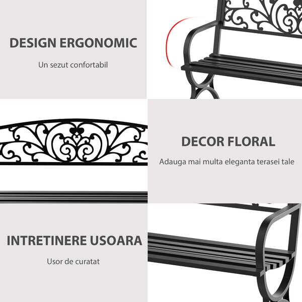 Outsunny Bancă pentru Grădină pentru Exterior din Metal și Fontă, Încărcare maximă 240 kg127×60×85 cm, Negru | Aosom Romania