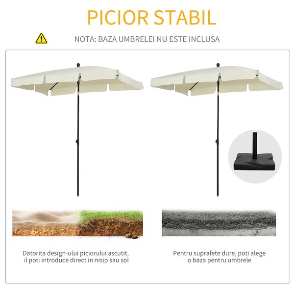 Outsunny Umbrelă Parasolară Dreptunghiulară pentru Terasă și Grădină, Ușor de Manevrat, 200x125x235cm, Crem | Aosom Romania