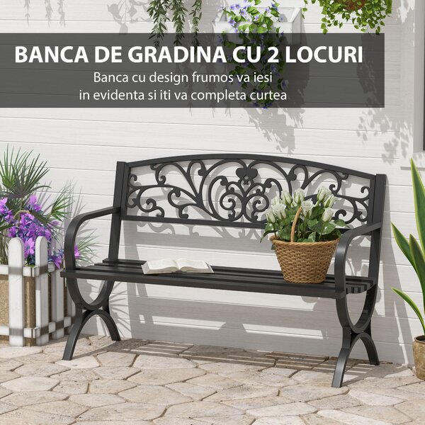 Outsunny Bancă pentru Grădină pentru Exterior din Metal și Fontă, Încărcare maximă 240 kg127×60×85 cm, Negru | Aosom Romania