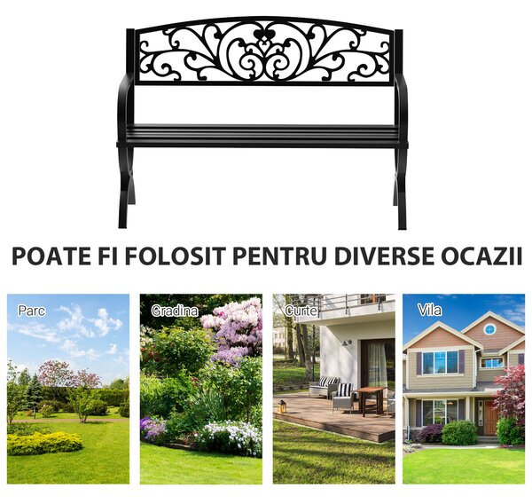 Outsunny Bancă pentru Grădină pentru Exterior din Metal și Fontă, Încărcare maximă 240 kg127×60×85 cm, Negru | Aosom Romania