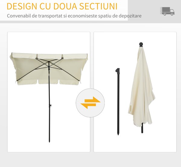 Outsunny Umbrelă Parasolară Dreptunghiulară pentru Terasă și Grădină, Ușor de Manevrat, 200x125x235cm, Crem | Aosom Romania