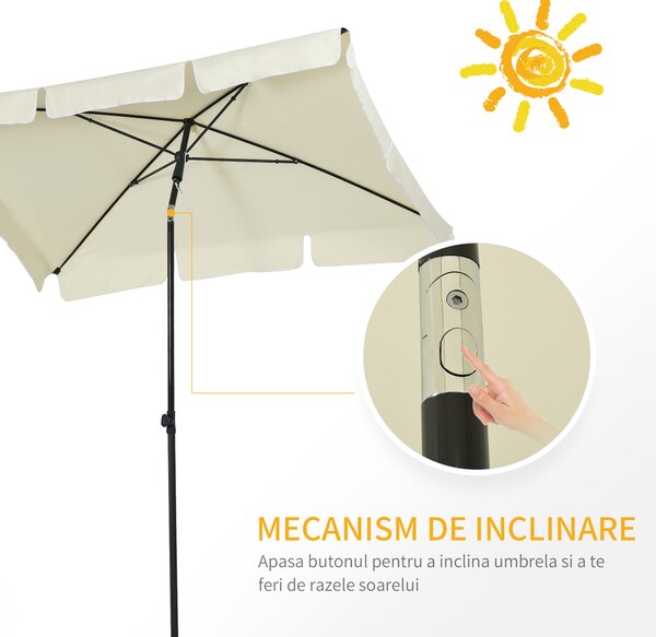 Outsunny Umbrelă Parasolară Dreptunghiulară pentru Terasă și Grădină, Ușor de Manevrat, 200x125x235cm, Crem | Aosom Romania