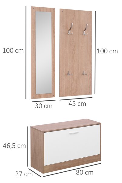 HOMCOM Set 3 Piese Dulap Pantofi cu Cuier si Oglinda pentru Hol in Lemn, 80x27x46.5cm | Aosom Romania