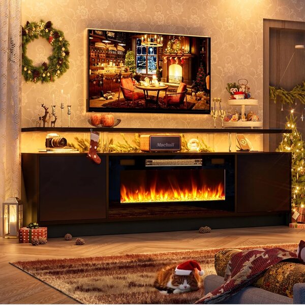 Comodă TV modernă cu șemineu electric LED integrat – 178 cm, Negru