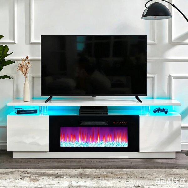 Comodă TV modernă cu șemineu electric LED integrat – 178 cm, Alb