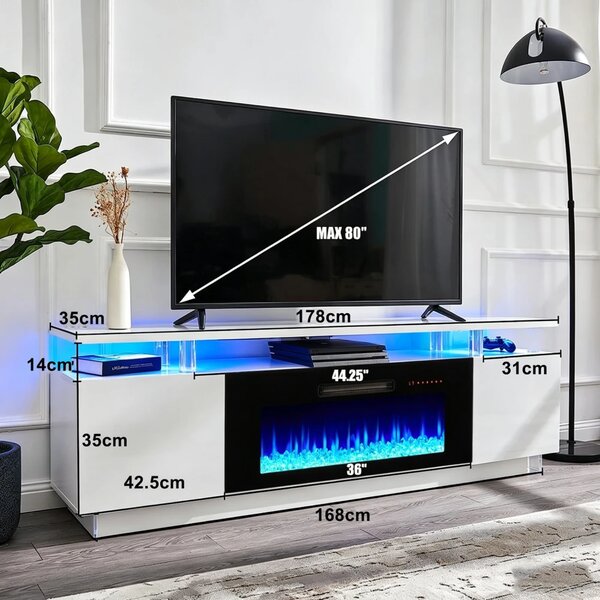 Comodă TV modernă cu șemineu electric LED integrat – 178 cm, Alb