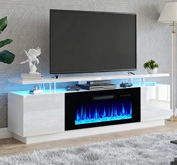 Comodă TV modernă cu șemineu electric LED integrat – 178 cm, Alb