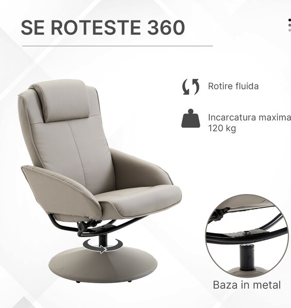 Fotoliu cu taburet, din piele sintetica, 98x78x67 cm, gri HOMCOM | Aosom Romania