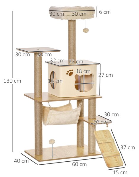PawHut Ansamblu de Joacă pentru Pisici Compac, Zgariere și Distracție, Lemn și Plush, Dimensiuni 60 x 40 x 130 cm, Galben | Aosom România