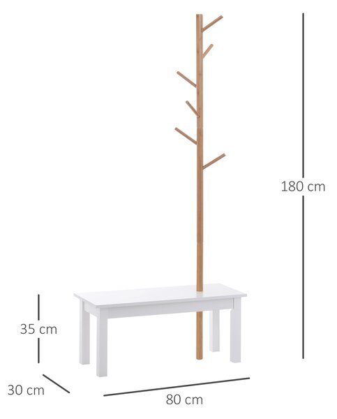 HOMCOM Bancă hol, cu un Cuier în Bambus, Design Modern, Spațiu de Depozitare, Alb și Lemn, 80x30x180 cm | Aosom Romania