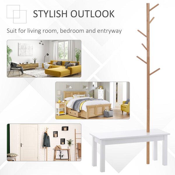 HOMCOM Bancă hol, cu un Cuier în Bambus, Design Modern, Spațiu de Depozitare, Alb și Lemn, 80x30x180 cm | Aosom Romania