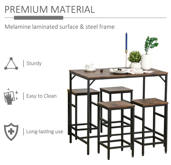 HOMCOM Masă Bar cu 4 Taburete, Stil Industrial, Picioare Antialunecare, Ideal pentru Bucătărie și bar, Maro, 100x60x88 cm | Aosom Romania
