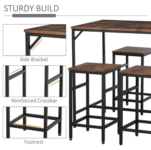 HOMCOM Masă Bar cu 4 Taburete, Stil Industrial, Picioare Antialunecare, Ideal pentru Bucătărie și bar, Maro, 100x60x88 cm | Aosom Romania