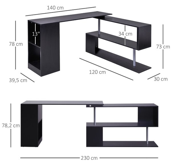 HOMCOM Birou Modern cu Rafturi Rotative 360°, Design L, Negru, PAL, 140x120x78.2cm | Aosom Romania
