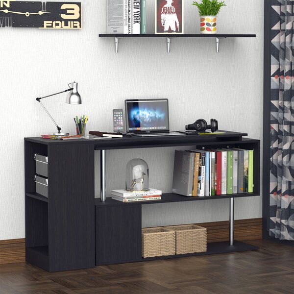 HOMCOM Birou Modern cu Rafturi Rotative 360°, Design L, Negru, PAL, 140x120x78.2cm | Aosom Romania