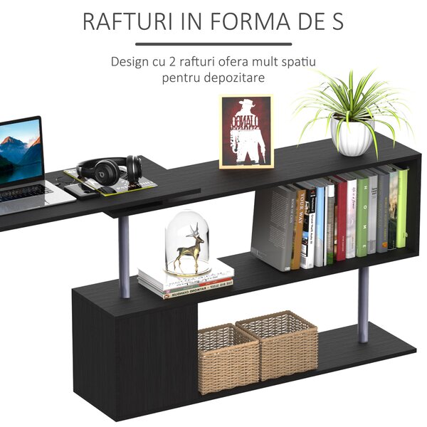 HOMCOM Birou Modern cu Rafturi Rotative 360°, Design L, Negru, PAL, 140x120x78.2cm | Aosom Romania