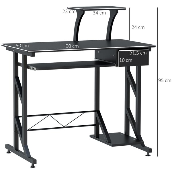 Birou calculator cu suport glisant, sertar si picioare antiderapante, MDF si otel, Negru 90x50x95cm HOMCOM | Aosom Romania