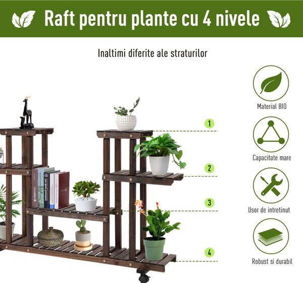 Outsunny Raft de Flori cu 4 Nivele si Roti , din Lemn 123.5L x 33L x 80Hcm | Aosom Romania