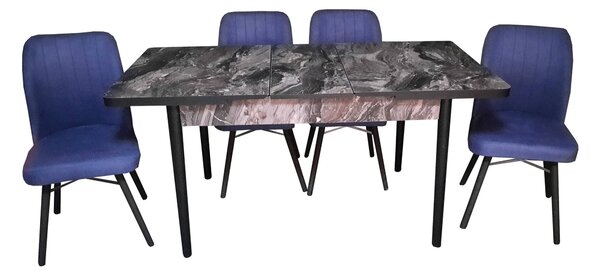 Set masă extensibilă Hera Negru Marmorat cu 4 scaune Kare albastru