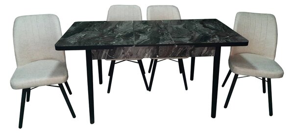 Set masă extensibilă Hera Negru Marmorat cu 4 scaune Kare crem