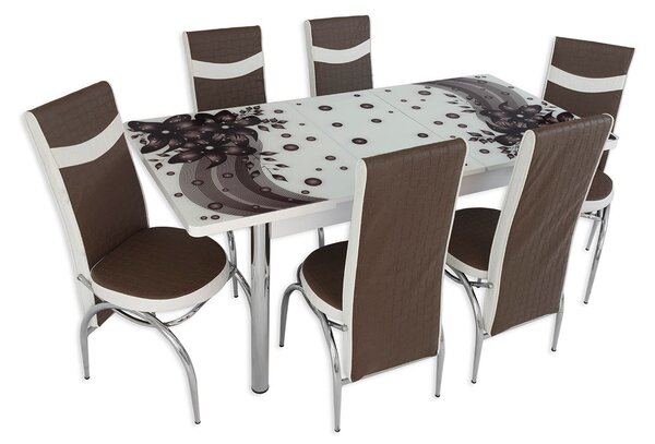 Set masă extensibilă Amaryllis Brown cu 6 scaune maro alb