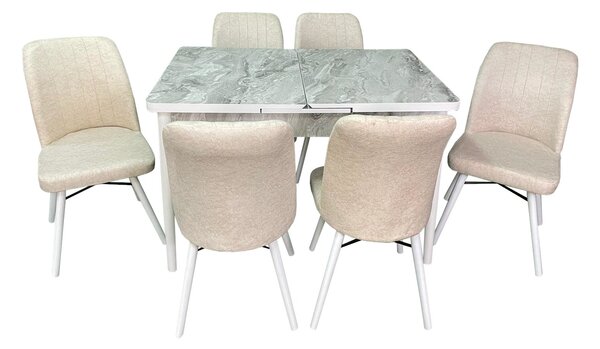 Set masă extensibilă Hera Alb Marmorat cu 6 scaune Kare crem