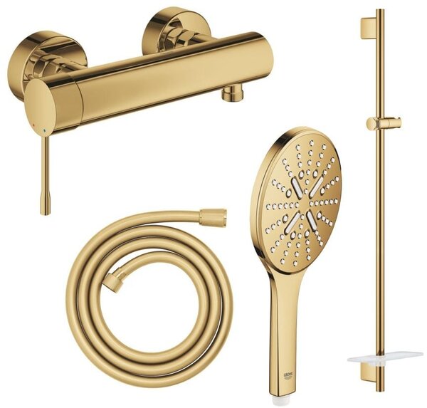 Set baterie de duș Grohe Essence 33636GL1, bară de duș Grohe Rainshower 26603GL0, 26574GL0, 28388GL1