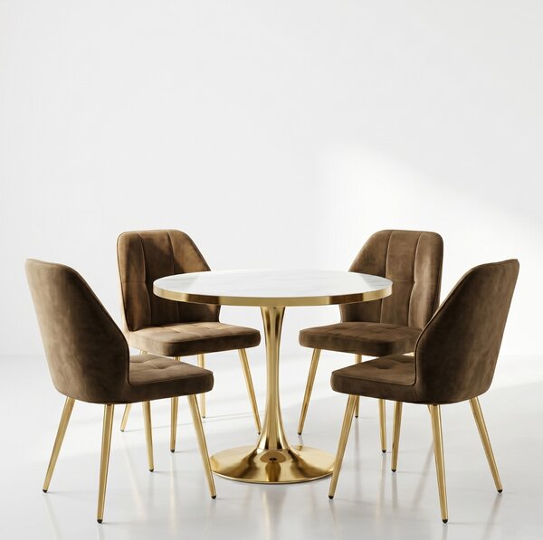 Set Masă Lyma Albă Gold 80 cm cu 4 Scaune Elira Maro