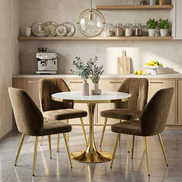 Set Masă Lyma Albă Gold 80 cm cu 4 Scaune Elira Maro