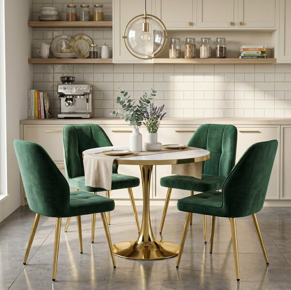 Set Masă Lyma Albă Gold 80 cm cu 4 Scaune Elira Verde