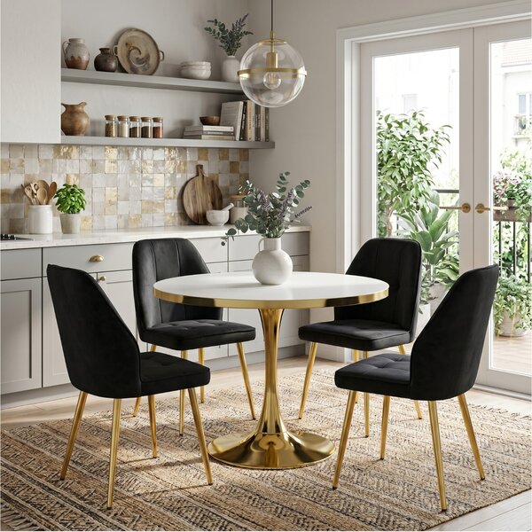 Set Masă Lyma Albă Gold 80 cm cu 4 Scaune Elira Negru