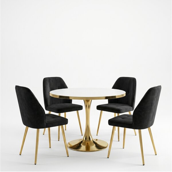 Set Masă Lyma Albă Gold 80 cm cu 4 Scaune Elira Negru