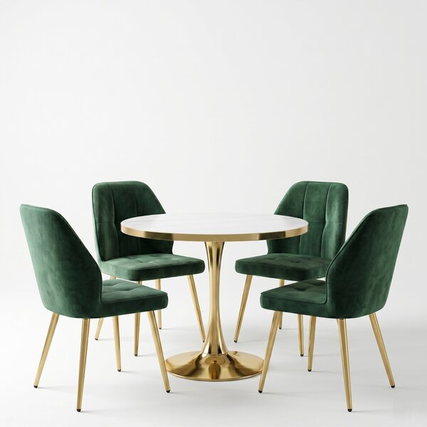 Set Masă Lyma Albă Gold 80 cm cu 4 Scaune Elira Verde