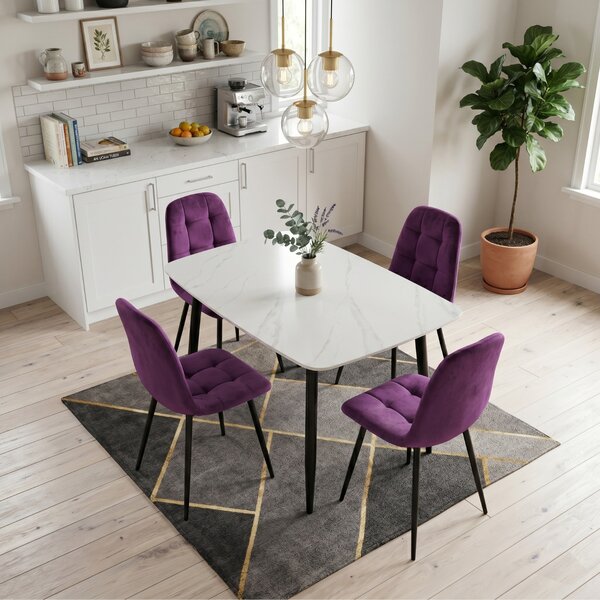 Set Masă Atlas Marble Albă cu 4 Scaune Gya Mov, Blat din Piatră Sinterizată, 120 × 77,5 × 72 cm