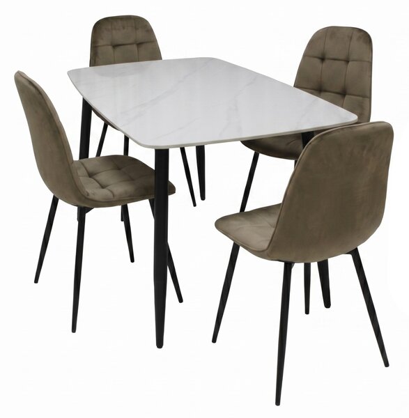 Set Masă Atlas Marble Albă cu 4 Scaune Gya Maro, Blat din Piatră Sinterizată, 120 × 77,5 × 72 cm