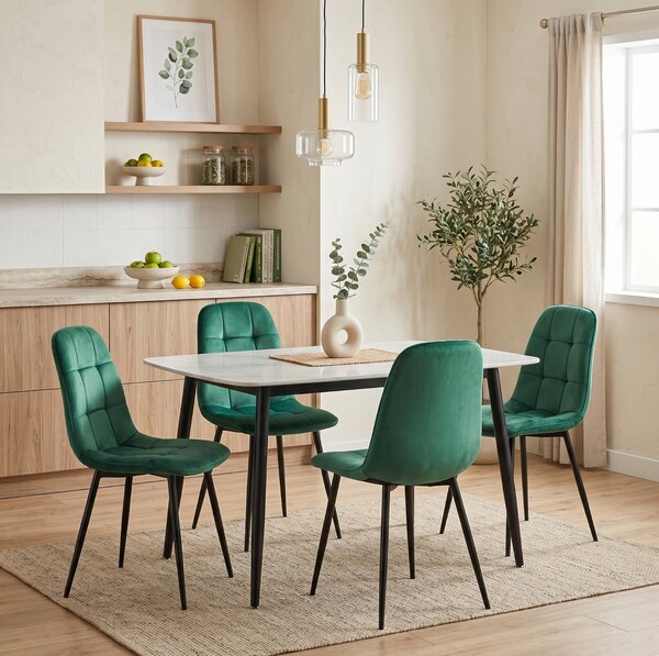 Set Masă Atlas Marble Albă cu 4 Scaune Gya Verde, Blat din Piatră Sinterizată, 120 × 77,5 × 72 cm