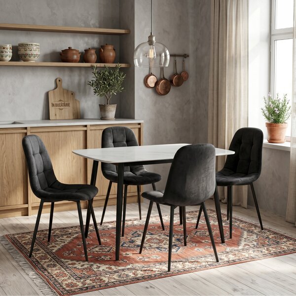 Set Masă Atlas Marble Albă cu 4 Scaune Gya Negru, Blat din Piatră Sinterizată, 120 × 77,5 × 72 cm