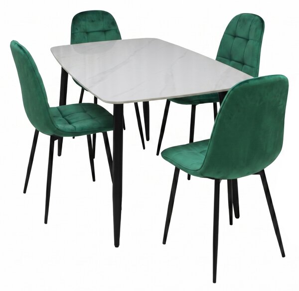 Set Masă Atlas Marble Albă cu 4 Scaune Gya Verde, Blat din Piatră Sinterizată, 120 × 77,5 × 72 cm