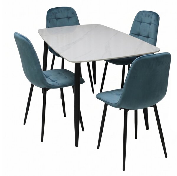 Set Masă Atlas Marble Albă cu 4 Scaune Gya Turcoaz, Blat din Piatră Sinterizată, 120 × 77,5 × 72 cm
