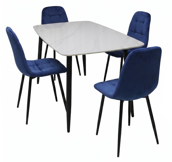 Set Masă Atlas Marble Albă cu 4 Scaune Gya Albastru, Blat din Piatră Sinterizată, 120 × 77,5 × 72 cm