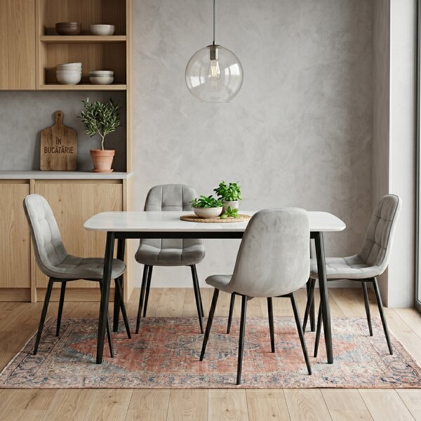 Set Masă Atlas Marble Albă cu 4 Scaune Gya Gri, Blat din Piatră Sinterizată, 120 × 77,5 × 72 cm