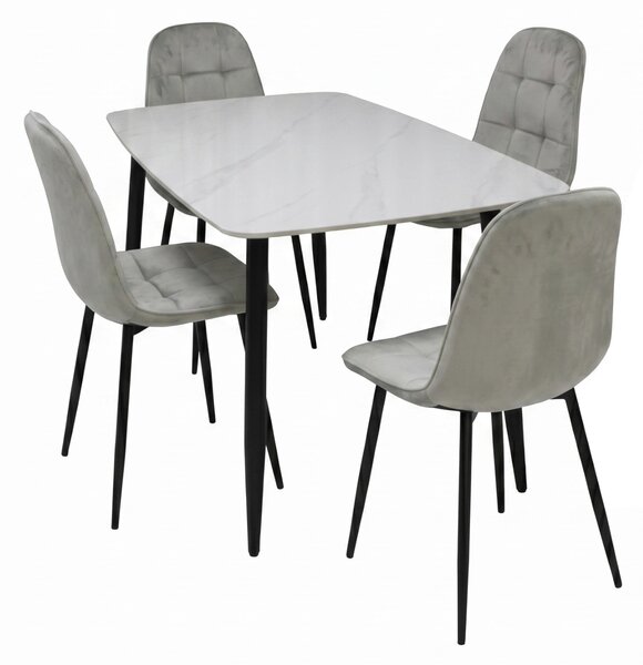 Set Masă Atlas Marble Albă cu 4 Scaune Gya Gri, Blat din Piatră Sinterizată, 120 × 77,5 × 72 cm
