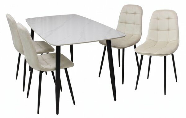 Set Masă Atlas Marble Albă cu 4 Scaune Gya Crem, Blat din Piatră Sinterizată, 120 × 77,5 × 72 cm